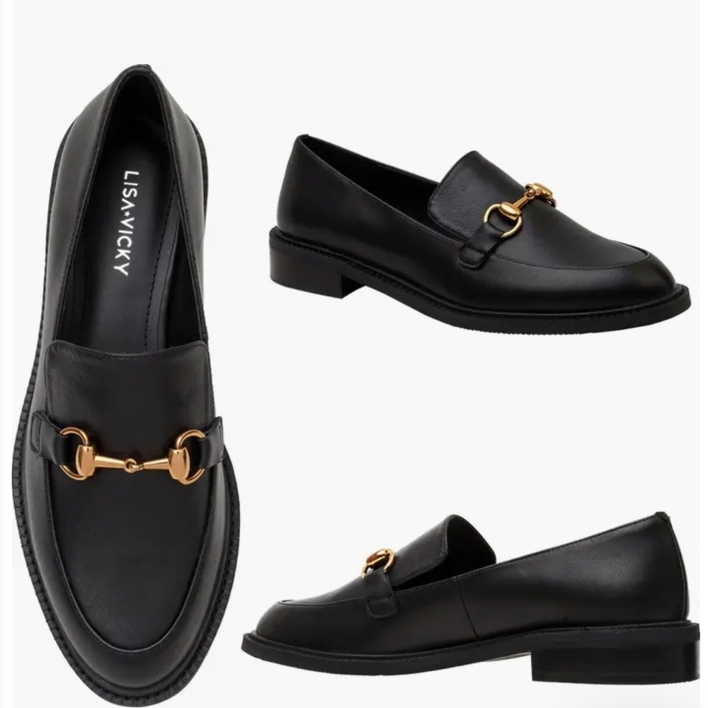 LISAVICKY Black Leather Gold-Accented Loafers
